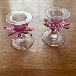 Vintage Signed Pair of Pink Glass Candle Holders